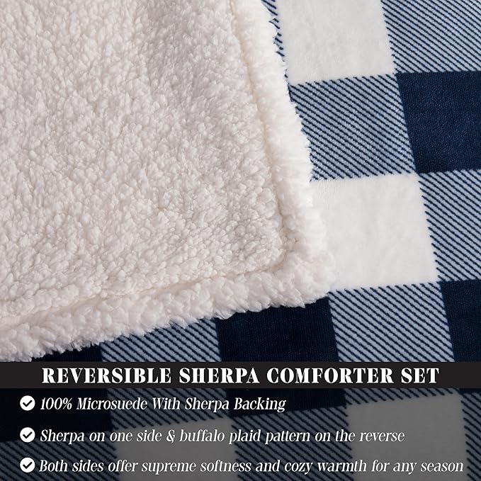 Elegant Comfort 3-Piece Buffalo Lodge-Plaid Comforter Set, Luxurious, Heavyweight,All Season, Down Alternative-Micromink Sherpa-Backing Reversible Micro-Suede, Soft and Plush, Twin XL, Navy Blue/White