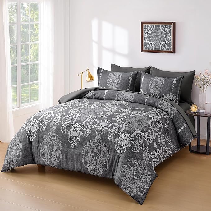Mybedsoul 7 Pieces Grey Comforter Set King Size, Damask Bed in a Bag for King Bed, Lightweight Microfiber Boho Bedding Sets with Comforter, Sheet, Pillowcases & Shams for All Season (90"x104")