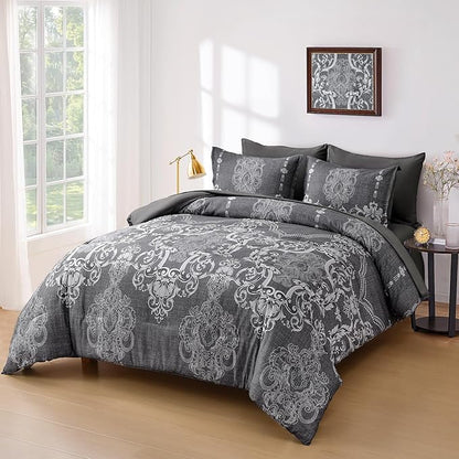 Mybedsoul 7 Pieces Grey Comforter Set King Size, Damask Bed in a Bag for King Bed, Lightweight Microfiber Boho Bedding Sets with Comforter, Sheet, Pillowcases & Shams for All Season (90"x104")