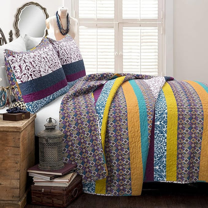 Lush Decor Boho Stripe Reversible Cotton Quilt 3-Piece Set, Full/ Queen, Plum & Yellow - Bold Colorful Bohemian Bedding Set