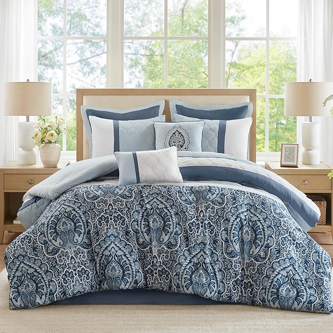 510 DESIGN Luxe Quilted Comforter Set Modern Transitional Design, All Season Down Alternative Warm Bedding Matching Shams, Bedskirt, Decorative Pillow, Queen, Shawnee Scrollwork Blue