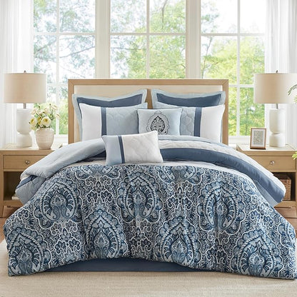 510 DESIGN Luxe Quilted Comforter Set Modern Transitional Design, All Season Down Alternative Warm Bedding Matching Shams, Bedskirt, Decorative Pillow, Queen, Shawnee Scrollwork Blue