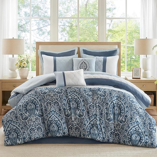 510 DESIGN Luxe Quilted Comforter Set Modern Transitional Design, All Season Down Alternative Warm Bedding Matching Shams, Bedskirt, Decorative Pillow, Queen, Shawnee Scrollwork Blue