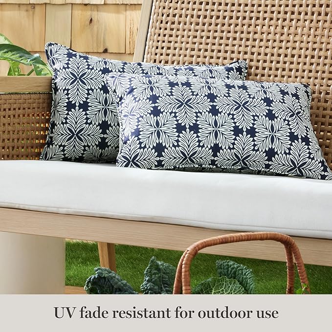 Martha Stewart Tulum Indoor Outdoor Decorative Lumbar Pillow 2-Pack Set, UV Fade Resistant, Water Repellent, Printed Modern Design, Navy Blue, 11"x18"