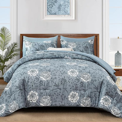Yiran Queen Size Comforter Set 7 Piece Bed in a Bag Blue Floral Botanical Soft Microfiber Bedding Set Comforter for All Season Bed Set 90"×90"