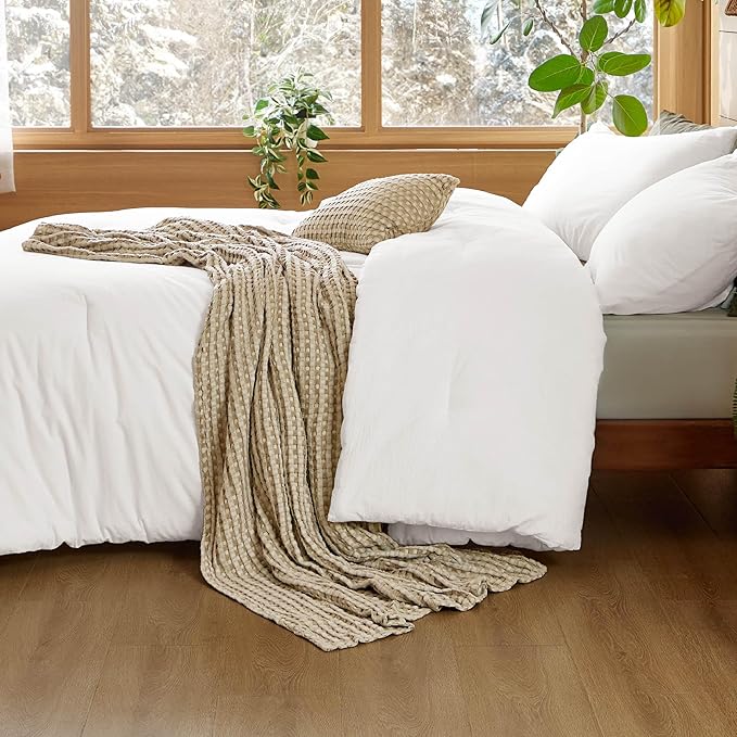 Bedsure 5 Pieces Cotton Comforter Set with Cotton Waffle Throw Blanket - White Comforter King Size, Pillow Shams, Taupe Cooling Blanket of Rayon Derived from Bamboo for Hot Sleepers, Throw Pillow