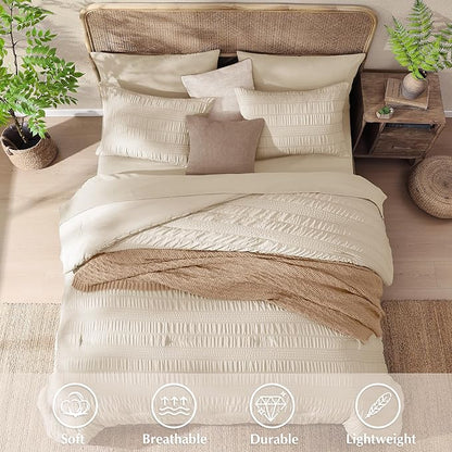 CASAAGUSTO King Size Comforter Set, 7 Pieces Beige Seersucker Bed in a Bag King Soft All Seasons, King Bedding Sets with Comforter, Flat Sheet, Fitted Sheet, 2 Pillow Shams, 2 Pillowcases