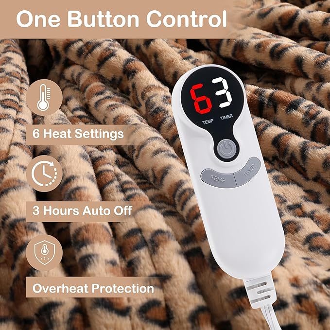 Electric Heated Blanket Throw Size 50"x60", Fast Heating Throw, Soft Microplush for Sofa & Office,6 Heating Levels & 1-10 Hours Auto Off, Machine Washable, Gifts for Family-Brown Leopard Print