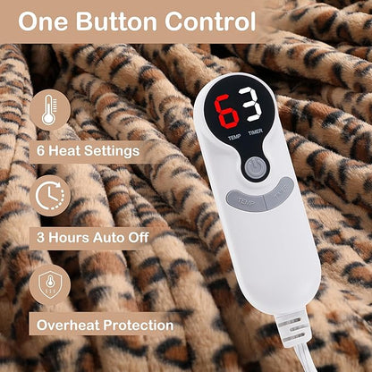 Electric Heated Blanket Throw Size 50"x60", Fast Heating Throw, Soft Microplush for Sofa & Office,6 Heating Levels & 1-10 Hours Auto Off, Machine Washable, Gifts for Family-Brown Leopard Print