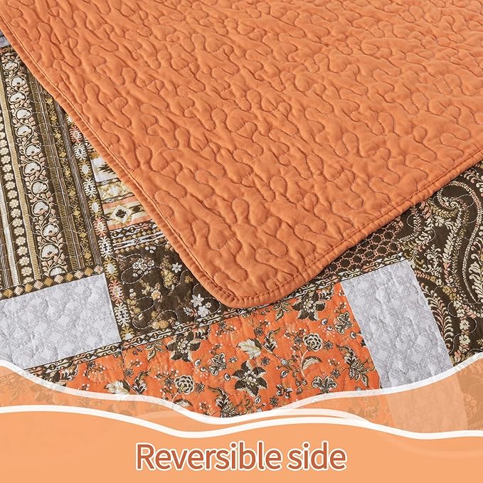 BEDIFANY Cotton Quilts King Size for Farmhouse- Fall Patchwork Bedspread Set - Highly-Woven Soft Reversible King Size Bed Spread for All Seasons (Floral Orange) 3 Pieces