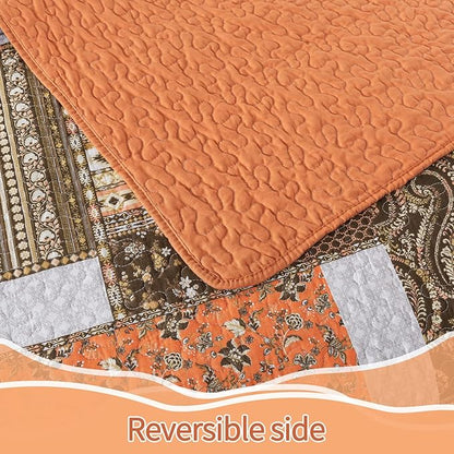 BEDIFANY Cotton Quilts King Size for Farmhouse- Fall Patchwork Bedspread Set - Highly-Woven Soft Reversible King Size Bed Spread for All Seasons (Floral Orange) 3 Pieces