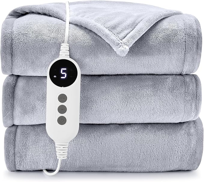 HYLEORY Heated Electric Blanket Throw, 2-Layer Cozy Warm Flannel 50" x 60", Heating Blanket with 9 Heating Levels, 2/4/6/10 Hours Auto Off, Fast Heating Winter Blanket, Light Grey