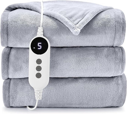HYLEORY Heated Electric Blanket Throw, 2-Layer Cozy Warm Flannel 62" x 84", Heating Blanket with 9 Heating Levels, 2/4/6/10 Hours Auto Off, Fast Heating Winter Blanket, Light Grey