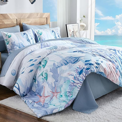 Comforter Set King Size Coastal, Coral Beach Themed Comforters Diving Deep Ocean Bedding with Sheets 7 Pieces Bed in a Bag for Spring Summer House Conch Decor