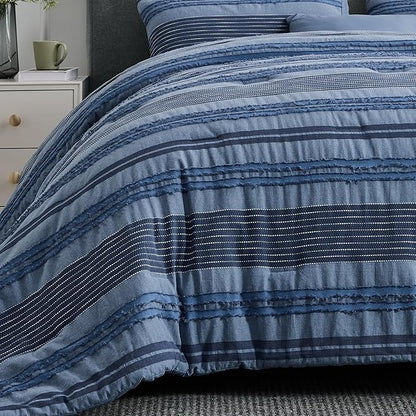 Wonderful Denim Blue Comforter Set Twin Size, Yarn Dyed Farmhouse Striped Cotton Boho Comforter with Pillow Shams, Fluffy Bedding Set for All Season