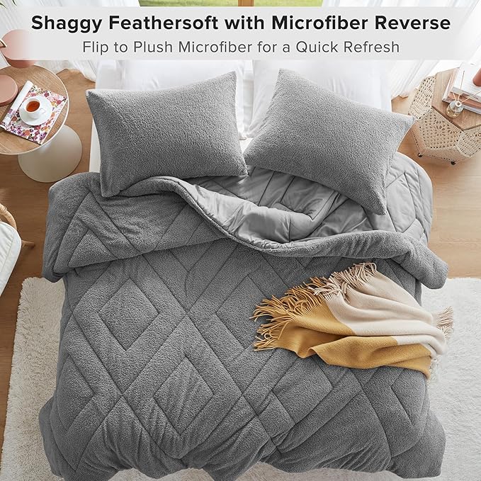Comfort Spaces Twin Comforter Set Reversible Feather-Soft Plush Comforters for Twin Size Bed All Season Lightweight Shearling Fleece Sherpa Comforter Twin Size Bed Set, Twin/Twin XL, Grey 2 Piece