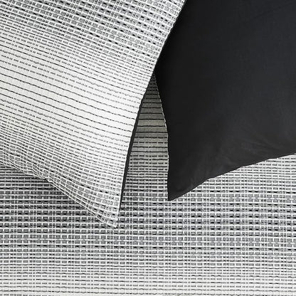 Wonderful Waffle Weave Comforter Set King, Striped Yarn-Dyed Textured Soft Breathable Reversible Cotton Comforter Set, 5 Piece White and Grey Fluffy Bedding Set with Pillow Shams, Decorative Pillows