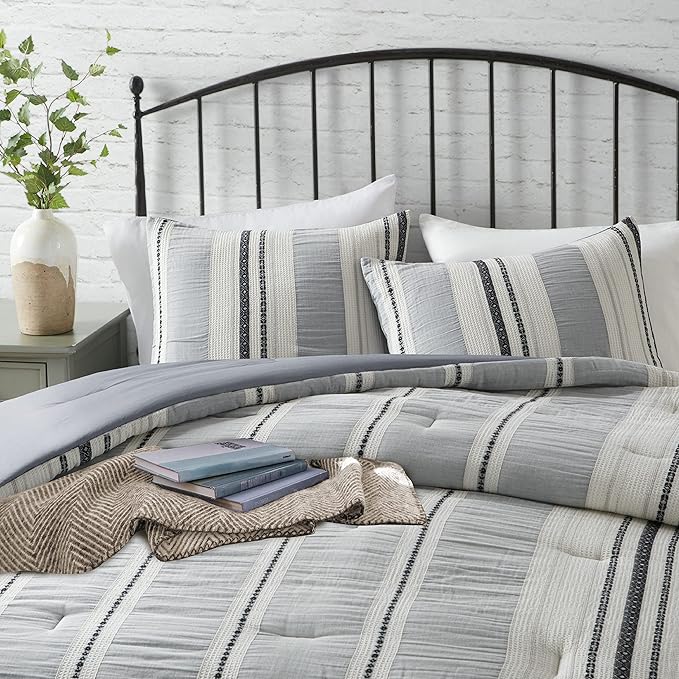 Hyde Lane Modern Farmhouse Comforter Set – King Size, 3-Piece Indigo Blue Striped Cotton Comforter with Matching Pillow Shams, Luxuriously Soft All-Season Bedding