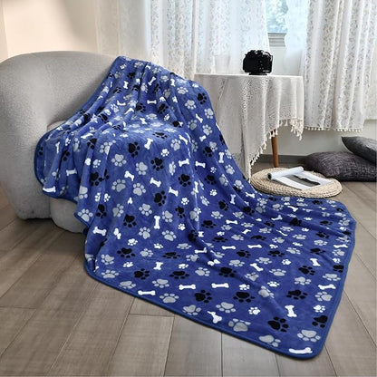 Waterproof Dog Blanket, Pattern Printing Super Soft Warm Fluffy Facecloth Sofa Car Bed Protector, Urine Proof Washable Outdoor Pet Blanket for Puppy Large Dogs & Cats(paw & Bone60*50) Blue