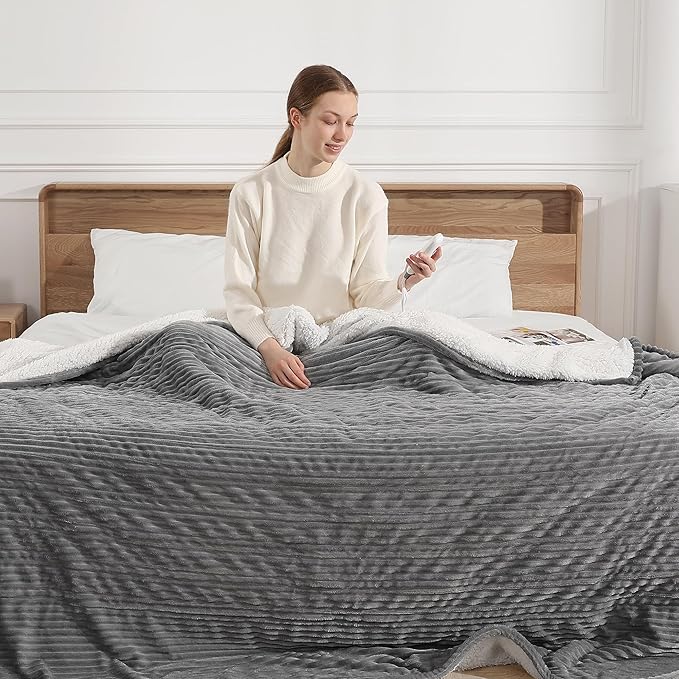 Electric Blanket Full Heated Blanket Full Size - Striped Flannel & Thick Sherpa, 5 Heat Settings & 10 Hour Auto Off with FCC/ETL Certified, Overheat Protection & Machine Washable, Light Grey 72"x84"