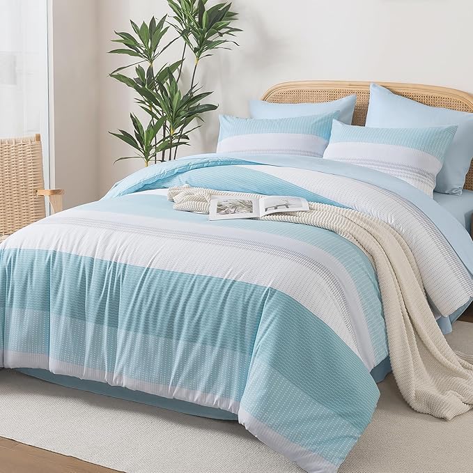 Andency King Size Comforter Set Light Blue - 7 Pieces Striped Lightweight Bed in a Bag, Soft Microfiber Reversible Bedding Set with Comforter, Fitted & Flat Sheet, Pillowcases & Shams