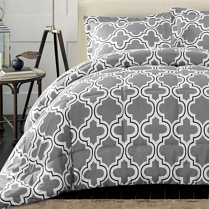 Superior Trellis Comforter Set with Pillow Shams, Luxurious & Soft Microfiber with Down Alternative Fill, Contemporary Geometric Trellis Design - King/California King Bedding Set, Grey