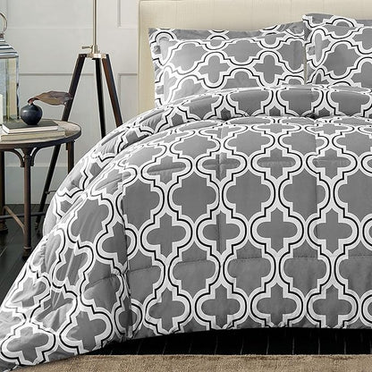 Superior Trellis Comforter Set with Pillow Shams, Luxurious & Soft Microfiber with Down Alternative Fill, Contemporary Geometric Trellis Design - King/California King Bedding Set, Grey