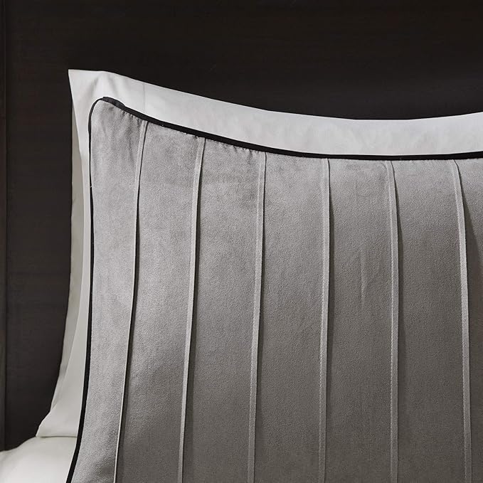 Madison Park Cozy Comforter Set Casual Blocks Design All Season, Matching Bed Skirt, Decorative Pillows, Full(82"x90"), Dune Suede, Black Grey, 7 Piece