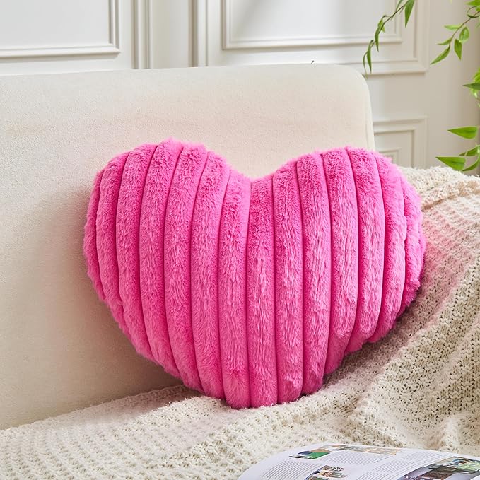 Heart Pillows Heart Decorative Pillow Soft Fluffy Heart Shaped Hot Pink Throw Pillows with Faux Rabbit Fur Aesthetic Room Decor Cute Small Pillow for Valentines Mother's Day