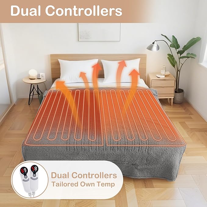 Electric Heated Blanket Queen Size 84"×90" Dual Control, 9 Heating Settings & 1-10Hs Auto Off, Overheat Protect, Double-Sided Plush Sherpa, for Couch & Bed, Machine Washable Light Gray