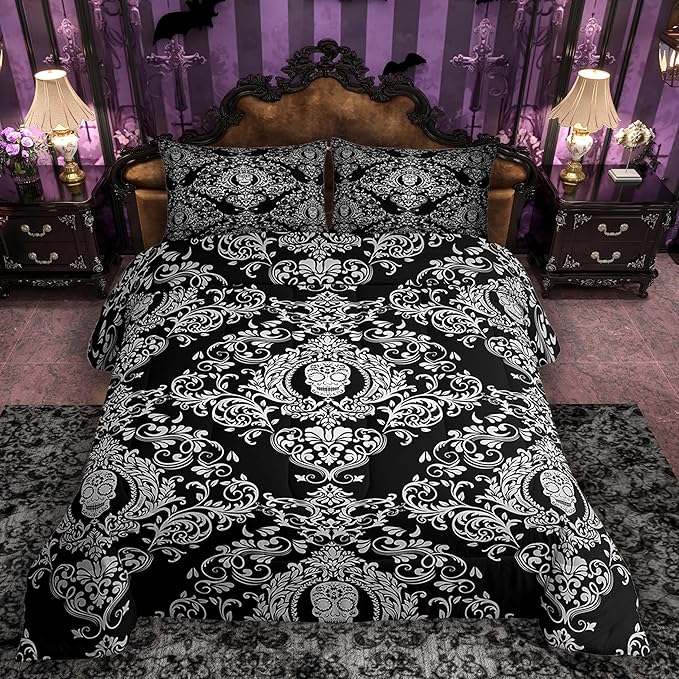 Feelyou Adults White Vintage Damask Floral Comforter Set Oriental Antique Comforter Twin Size Gothic Bohemia Boho Bedding Set Exotic Sugar Skull Duvet Set Quilt Set 2Pcs