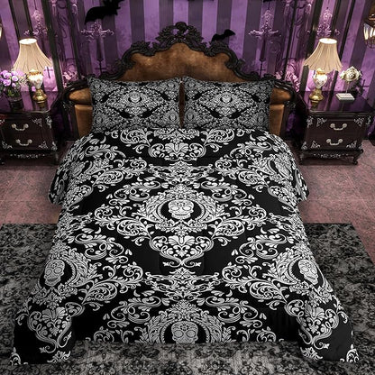 Feelyou Adults White Vintage Damask Floral Comforter Set Oriental Antique Comforter Queen Size Gothic Bohemia Boho Bedding Set Exotic Sugar Skull Duvet Set Quilt Set 3Pcs