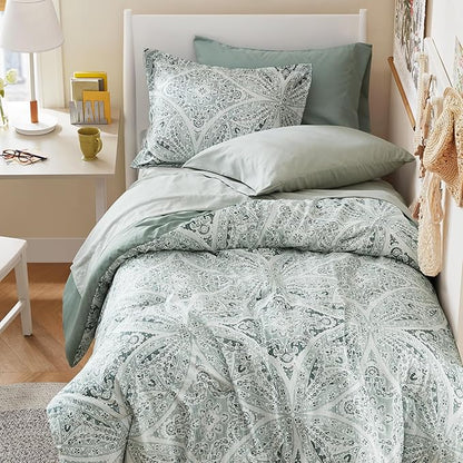 Comfort Spaces Bed in A Bag Comforter Set - Trendy Casual Design Twin Comforter with Complete Sheet Set with Side Pocket, All Season Comforter Twin, Shams, Gloria, Twin Green 6 Piece