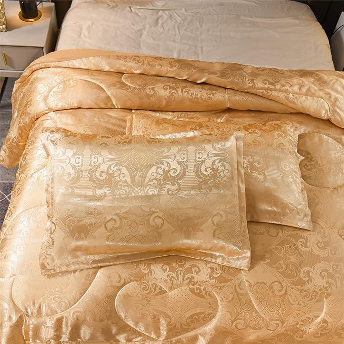 Luxury Silk Bedding Comforter Sets, Gold Jacquard Lightweight Comforter Quilt, All Season Ultra Soft Microfiber Twin Comforter Set Matching 2 Pillow Shams(Twin/Twin XL, 3 Pieces)