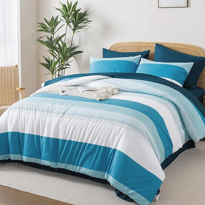 Andency King Size Comforter Set Teal - 7 Pieces Striped Lightweight Bed in a Bag, Soft Microfiber Reversible Bedding Set with Comforter, Fitted & Flat Sheet, Pillowcases & Shams