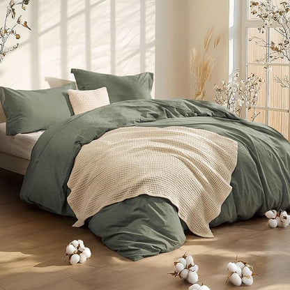 Bedsure 5 PCS Cotton Comforter Set with Waffle Throw Blanket - Breathable Bedding Set for All Seasons, Olive Green Comforter Full Size, Pillow Shams, Beige 100% Cotton Blanket, Throw Pillow