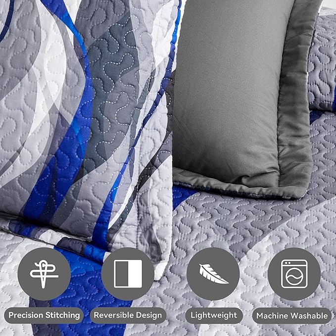 weesire Classic Line Pattern Bedding Quilt King Size Modern Grey Blue and White Stripe Quilt with 2 Shams, Gray and Blue Comforter Sets Lightweight Breathable Bedspreads Coverlet, 96''x106''