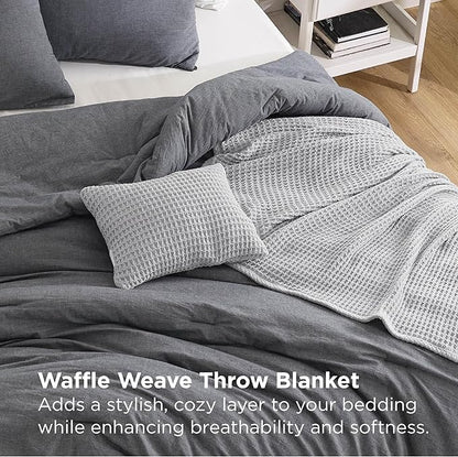 Bedsure 5 PCS Cotton Comforter Set with Waffle Throw Blanket - Soft Breathable Bedding Set for All Seasons, Dark Grey Comforter King Size, Pillow Shams, Grey 100% Cotton Blanket, Throw Pillow