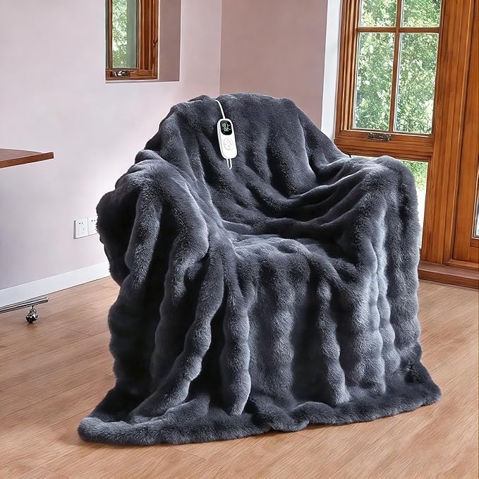 IUUI Electric Heated Blanket King 90''x100'',Luxury Faux Rabbit Fur Heating Throw Blankets,Fast Heating with 1/2/4/6/8/10 Hours,Overheat Protection, Quick Heating, Memory Function, Gift-Ready Design