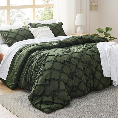 Bedsure Boho Comforter Set Queen - Olive Green Tufted Queen Size Comforter, 3 Pieces Farmhouse Shabby Chic Embroidery Bed Set, Soft Fluffy Geometric Pattern Bedding for All Seasons