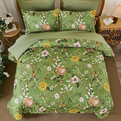 Yiran Sage Green Hibiscus Floral Comforter Set King Size, 7 Piece Bird Flowers Botanical Comforter Bedding Set, Vintage Bed in a Bag, Soft Microfiber Complete Bedding Set with Sheets for All Season