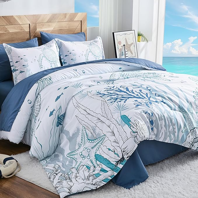 Comforter Set King Size Coastal, Seaweed & Turtle Comforters 7 Pieces Ocean Coral Bed in a Bag Nautical Bedding with Sheets for Spring Summer Decor