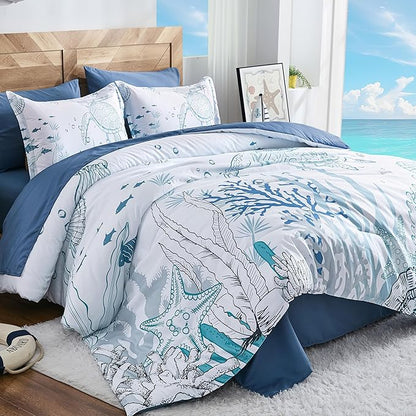 Comforter Set King Size Coastal, Seaweed & Turtle Comforters 7 Pieces Ocean Coral Bed in a Bag Nautical Bedding with Sheets for Spring Summer Decor