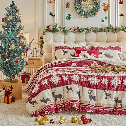 Christmas Sherpa Comforter Set King Size 3 Pieces Red Stripes Cream Snowflake Deer Holiday Winter Bedding Microfiber Warm Fleece Comforter with 2 Pillow Shams - Thanksgiving New Year Gift Choice