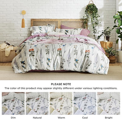 Bedsure Comforter Set King Size - Cute Floral Bedding Comforter Set, 3 Pieces, 1 Soft Reversible Coconut White Botanical Flowers Comforter and Pillow Shams