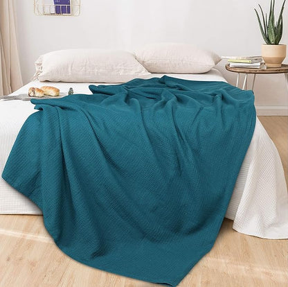 Glamburg 100% Cotton Thermal Blanket, Breathable Waffle Blanket, Queen Size, All Season, Teal
