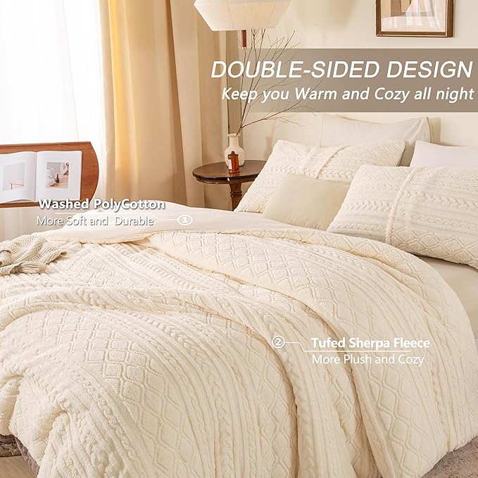 Warm Plush 3D Jacquard Boho Sherpa Fleece Queen Size Comforter Set - Cream Full/Queen Reversible Ultra-Soft Bedding Down Alternative Comforter Set Fluffy Surface for Cozy Autumn Winter Nights