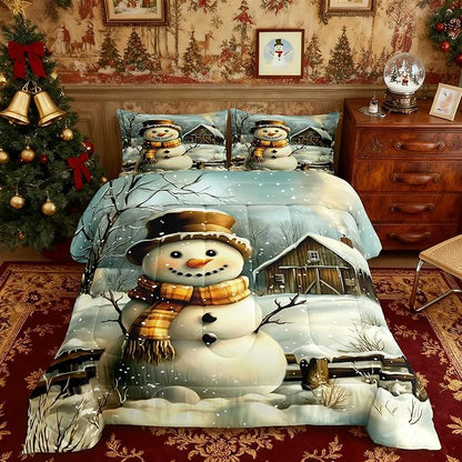 Cute Snowman Comforter Set Twin Size,Rustic Wooden Cabin Bedding Set 2Pcs for Kids Girls Boys Adult Room Decor,Vintage Style Winter Quilt Set Merry Christmas Duvet Insert,1 Pillowcase