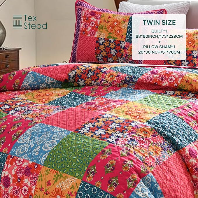 Twin Quilt Set for Bed - 100% Cotton Quilts Patchwork Comforter Coverlet Bedspread Reversible 68"x90" with 1 Pillow Shams