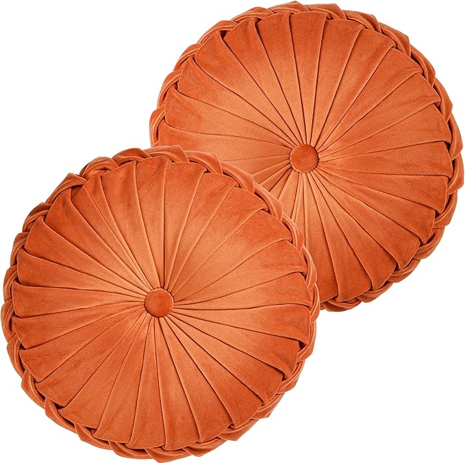 ROSE&RISY Round Pleated Velvet Throw Pillows, 2 Pcs Decorative Accent Pumpkin Pillow Cushion for Couch Sofa Chair Bed Car Home Decor (14.5 Inch, Orange)